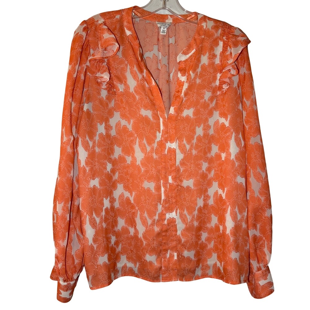 Current Air Blouse Womens Medium Orange White Floral Ruffle Shoulder‎ V-Neck